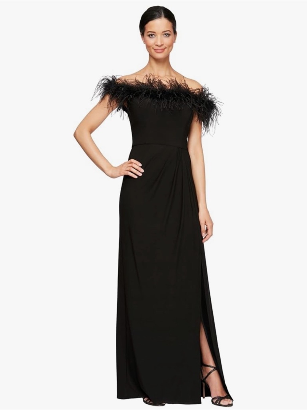Alex Evenings Black One-Shoulder Feather Trim Evening Gown